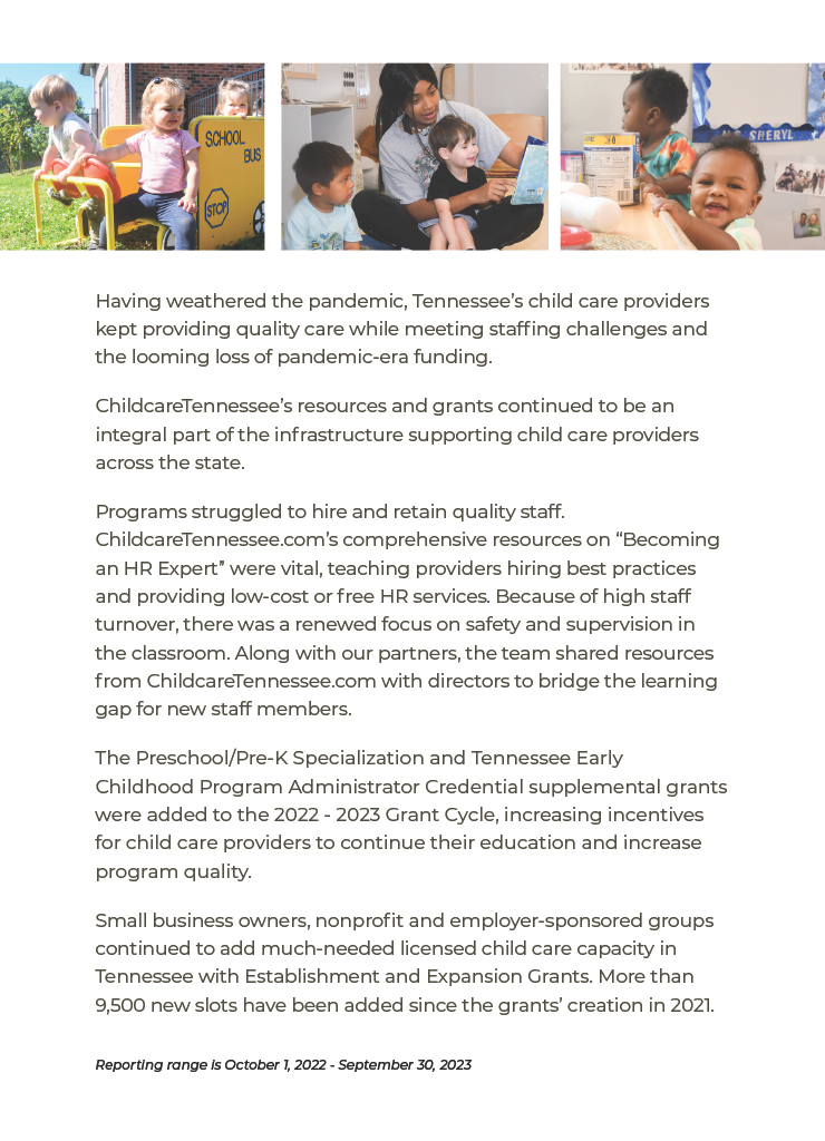 Page two of ChildcareTennessee's 2023 Annual Report.
